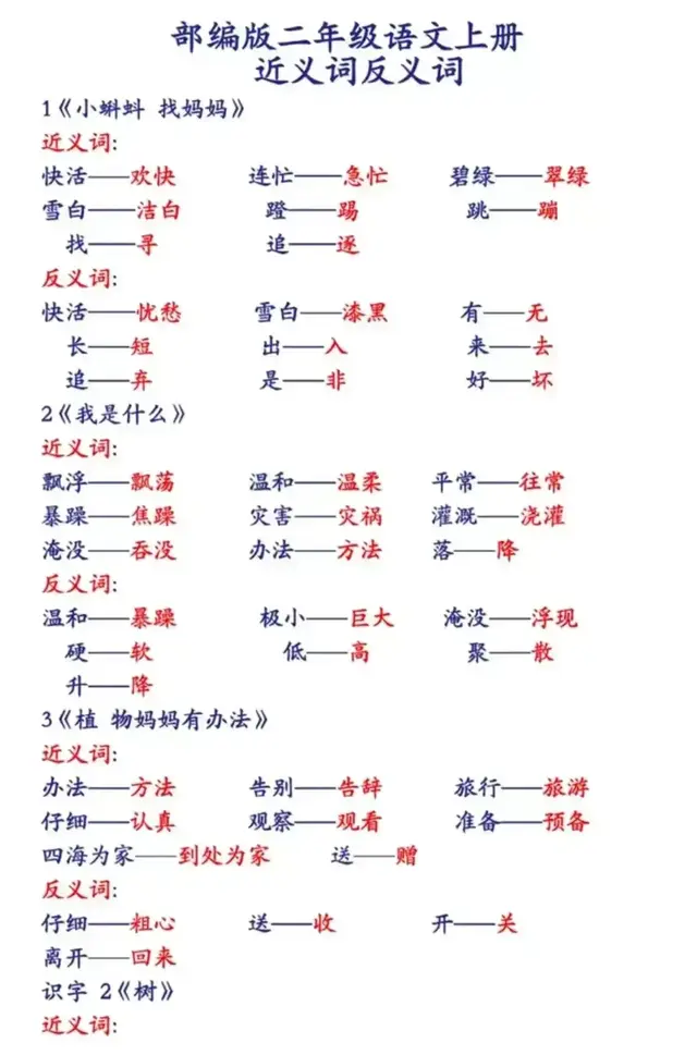 二年级语文上全册近义词和反义词汇总，基础知识积累 